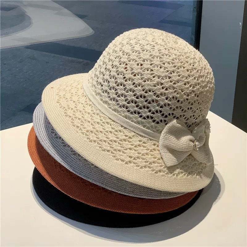 Womens Wide Brim Straw Sun Hat with Lace Bow Detail